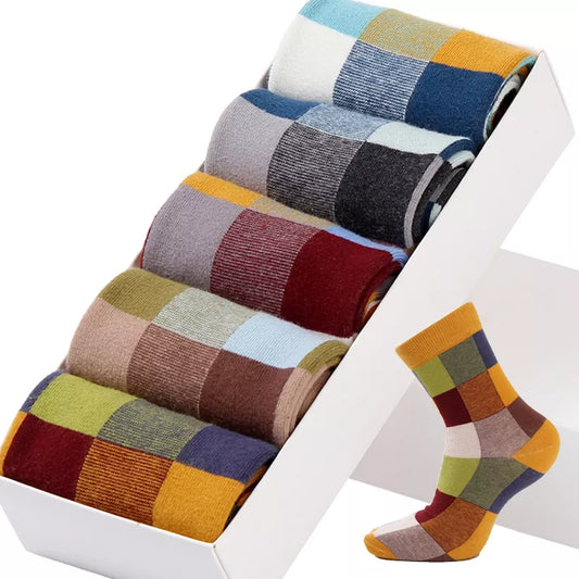 5 Pairs/Lot Combed Cotton Men's Socks Compression Socks Fashion Colorful Square Happy Dress Socks Men Size 39-45